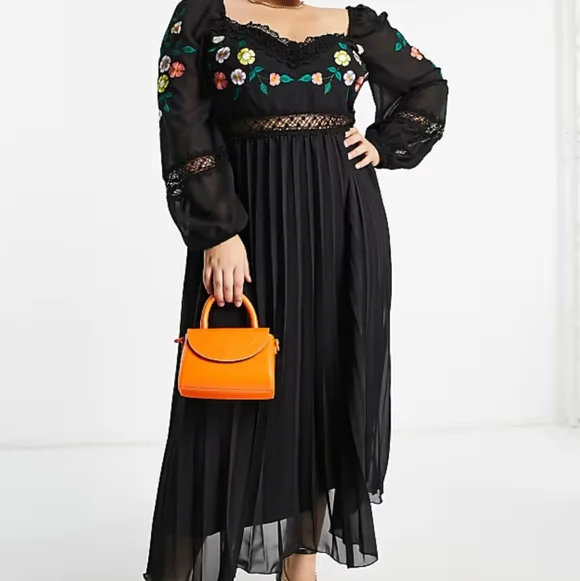 New With Tags ASOS Curve embroidered lace insert pleated midi dress - Picture 2 of 5